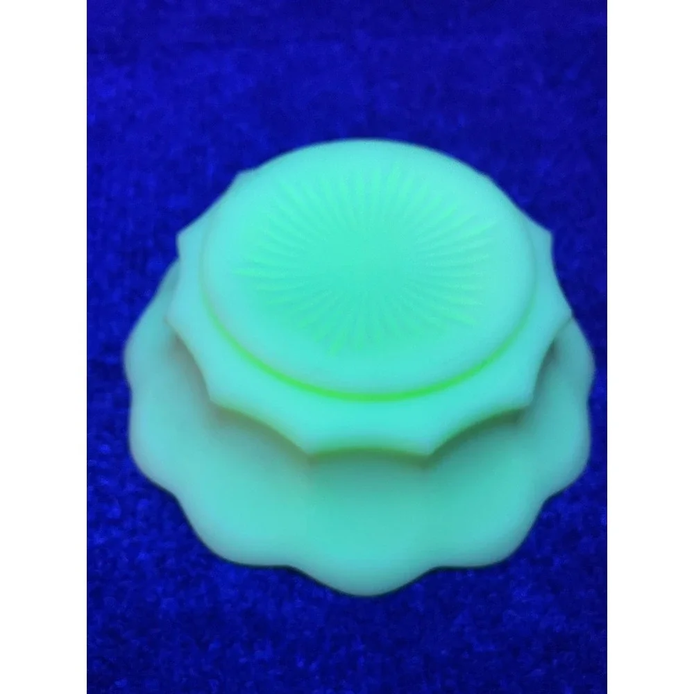 Vintage Uranium Custard Glass Scalloped Bowl Grape Pattern UV Glow 4.5 Inch